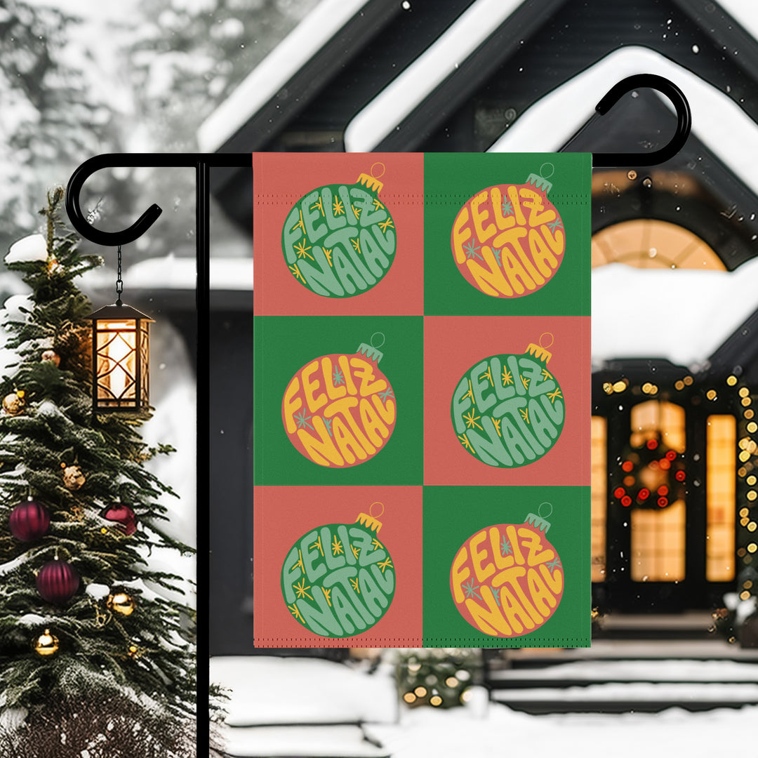 Double-sided Garden & House Banner / Groovy Baubles / Merry Christmas (Feliz Natal) - Portuguese (Português)