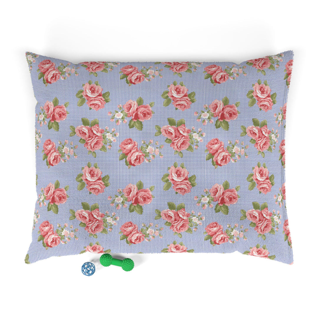 Designer Pet Bed - Vintage Pink Roses on Blue Gingham