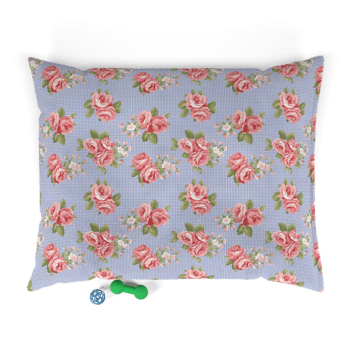 Designer Pet Bed - Vintage Pink Roses on Blue Gingham