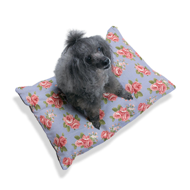 Designer Pet Bed - Vintage Pink Roses on Blue Gingham