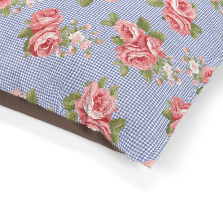 Designer Pet Bed - Vintage Pink Roses on Blue Gingham