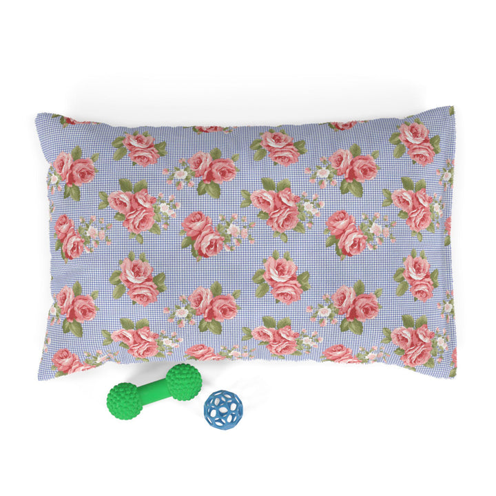 Designer Pet Bed - Vintage Pink Roses on Blue Gingham