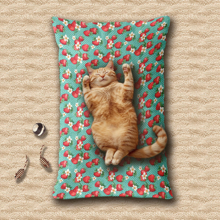 Designer Pet Bed - Vintage Dots | Strawberry on Aqua Green