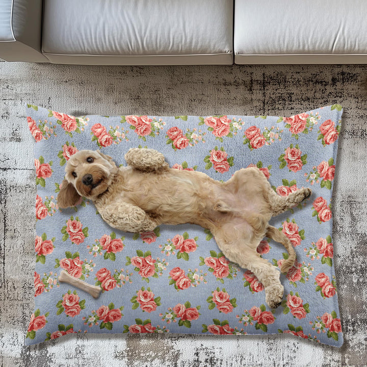 Designer Pet Bed - Vintage Pink Roses on Blue Gingham