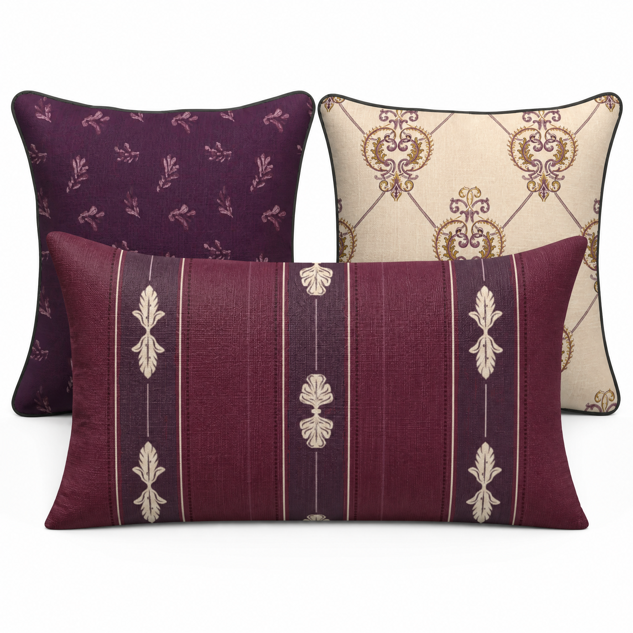 Harvest Garden Pillow Trio - Stamped Scatter (Aubergine)