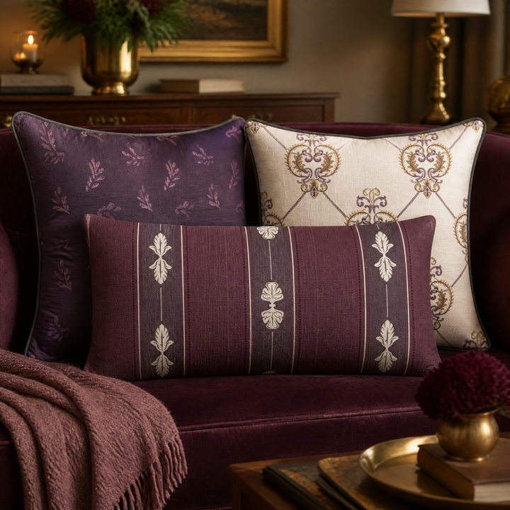 Harvest Garden Pillow Trio - Stamped Scatter (Aubergine)
