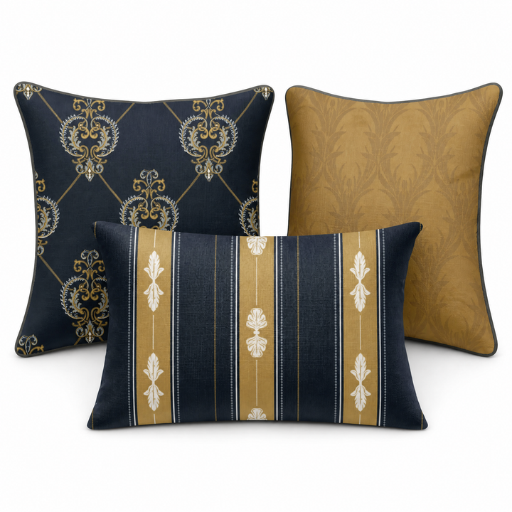 Heritage Bloom Pillow Trio - Heart Scroll (Midnight Navy)