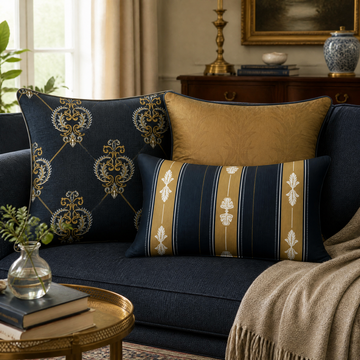 Heritage Bloom Pillow Trio - Heart Scroll (Midnight Navy)