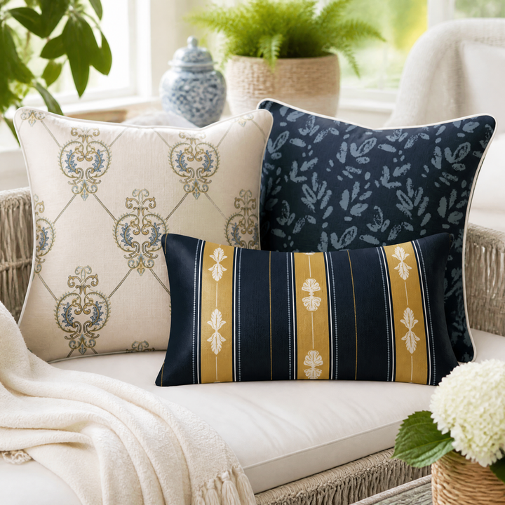 Three decorative throw pillows arranged on a white outdoor sofa with a cream throw blanket. The pillows include a cream one with a blue and gold damask pattern, a navy blue one with a light blue leaf motif, and a navy blue lumbar pillow with gold and white vertical stripes and white floral motifs.