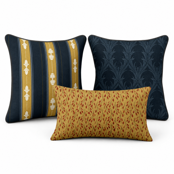 Heritage Bloom Pillow Trio - Acanthus Stripe (Old Brass &amp; Midnight Navy)