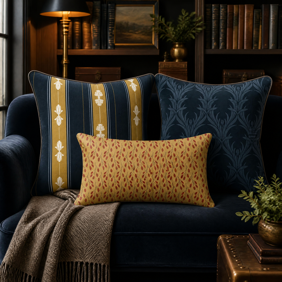 Heritage Bloom Pillow Trio - Acanthus Stripe (Old Brass &amp; Midnight Navy)