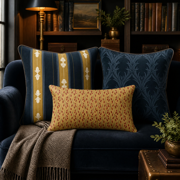 Heritage Bloom Pillow Trio - Acanthus Stripe (Old Brass &amp; Midnight Navy)