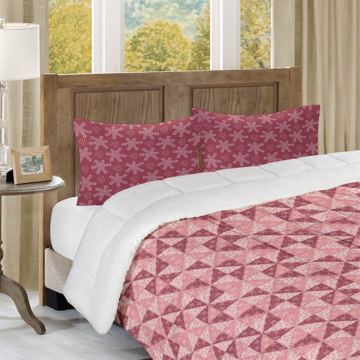 Luxury Flannel & Sherpa Comforter Set | Patchwork Pinwheel - Snow - Cranberry