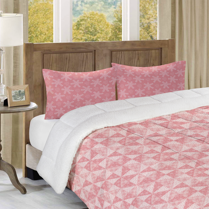 Luxury Flannel & Sherpa Comforter Set | Patchwork Pinwheel - Snow - Pink