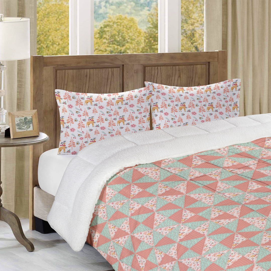 Luxury Flannel & Sherpa Comforter Set | Patchwork Pinwheel - Woodland Deer