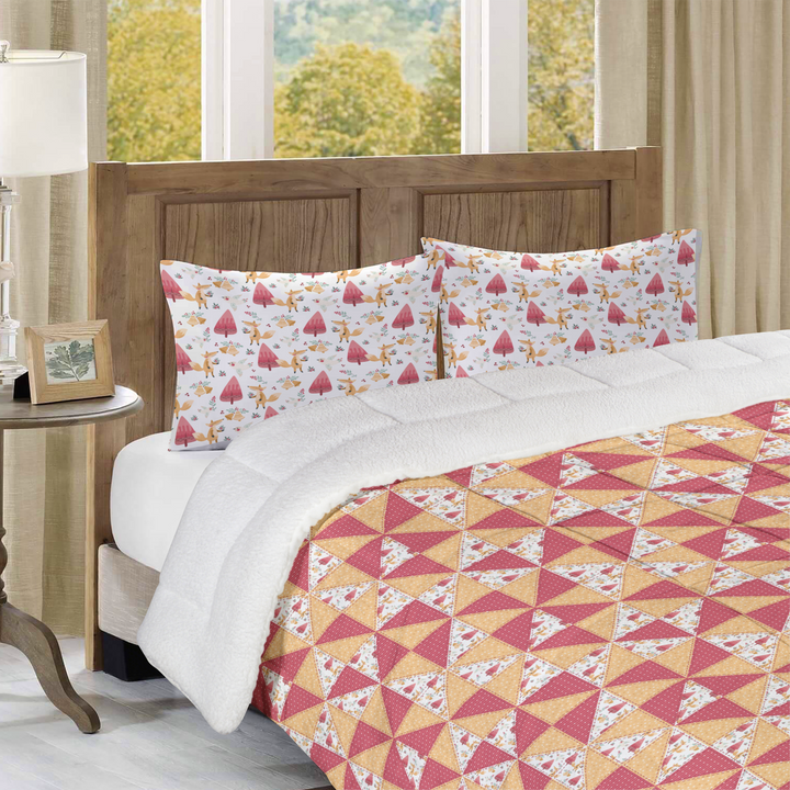 Luxury Flannel & Sherpa Comforter Set | Patchwork Pinwheel - Woodland Fox