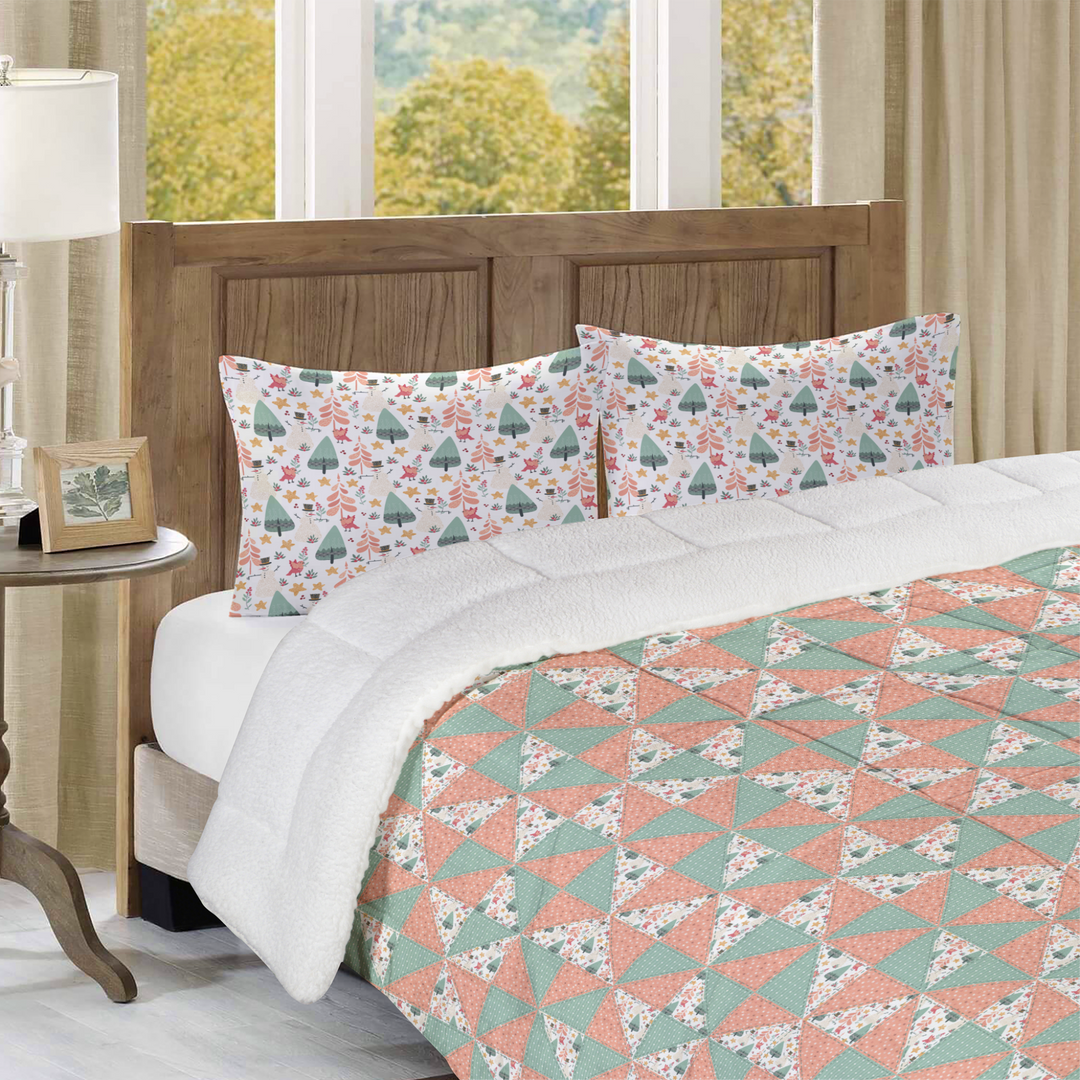 Luxury Flannel & Sherpa Comforter Set | Patchwork Pinwheel - Woodland Snowman