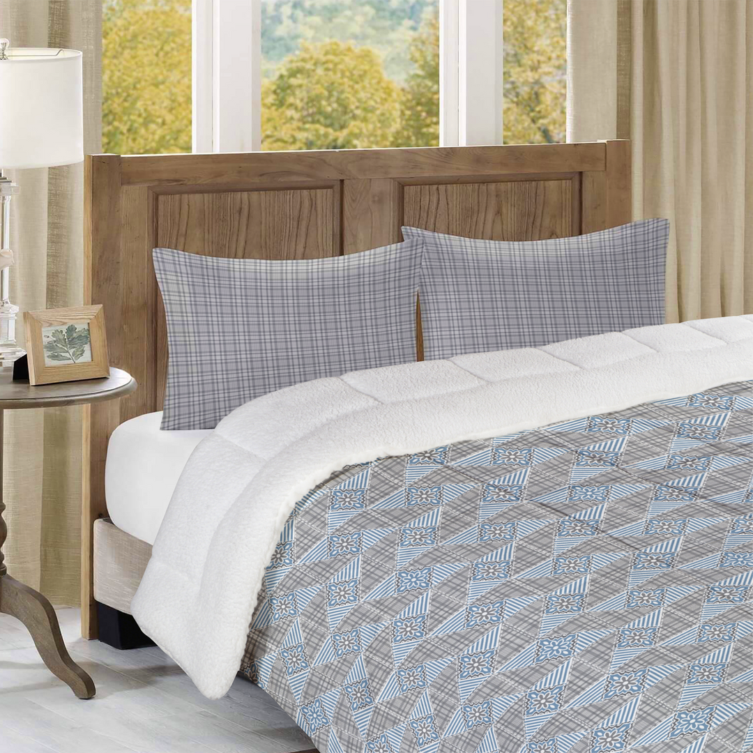 Luxury Flannel & Sherpa Comforter Set | Patchwork Snowflake - Silver Star