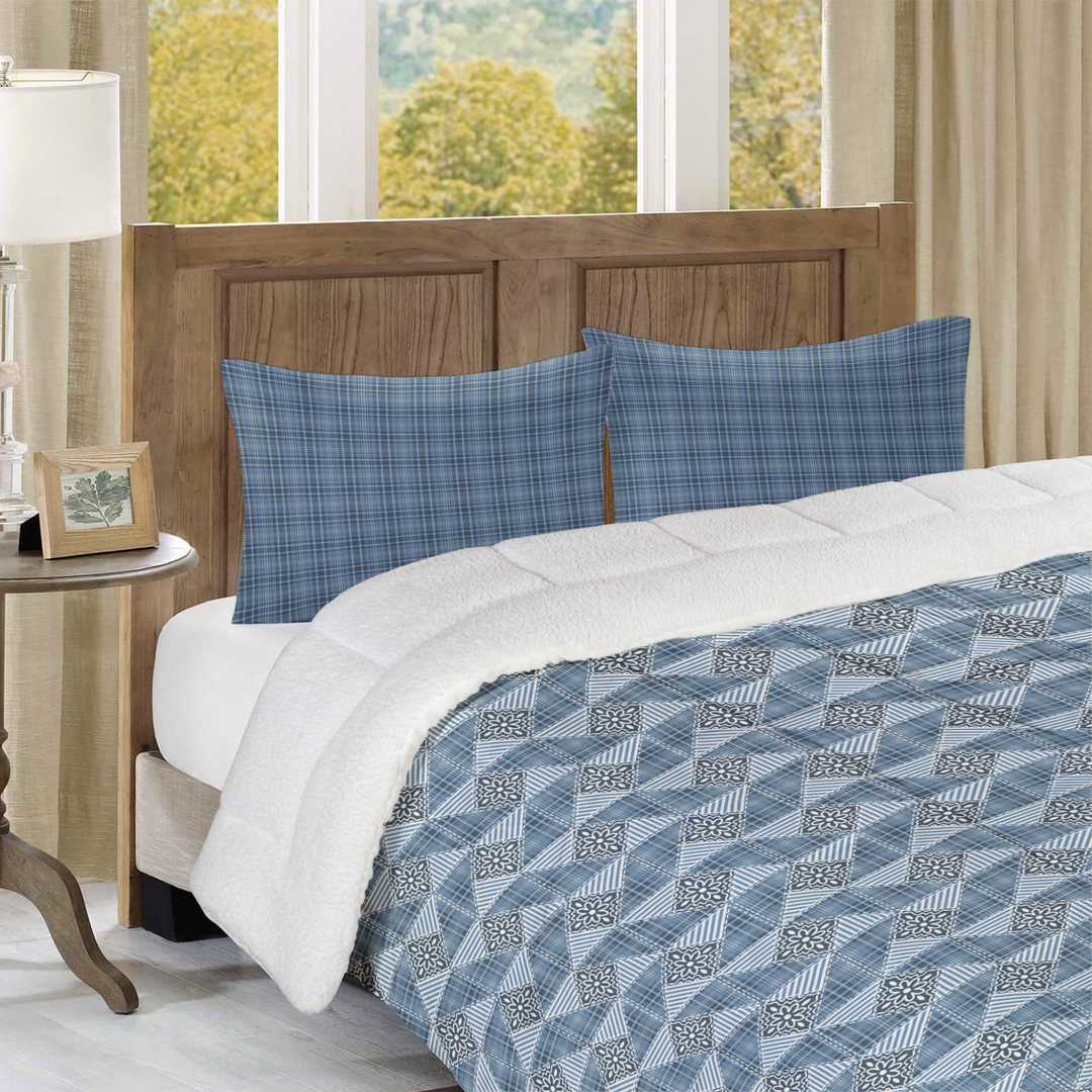 Luxury Flannel & Sherpa Comforter Set | Patchwork Snowflake - Winter Day