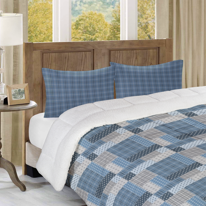 Luxury Flannel & Sherpa Comforter Set | Patchwork Squardular - Silver Star