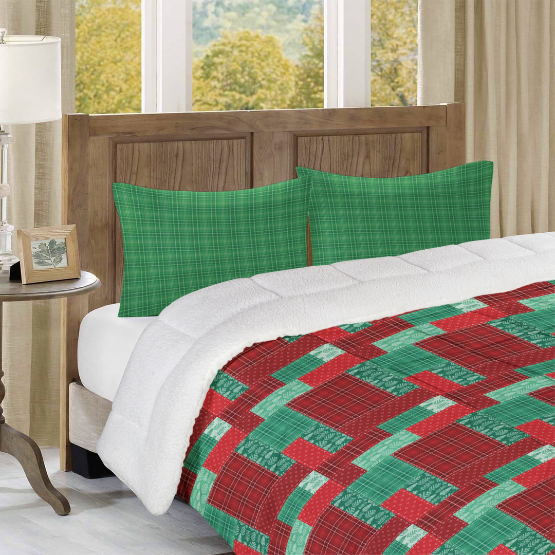 Luxury Flannel & Sherpa Comforter Set | Patchwork Squardular - Xmas