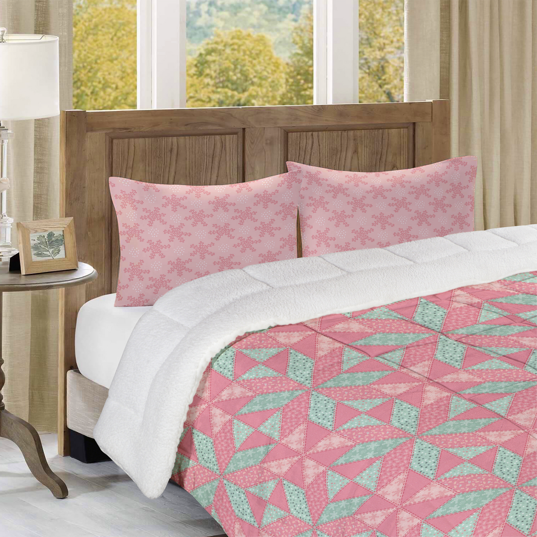 Luxury Flannel & Sherpa Comforter Set | Patchwork Star - Pink Pattern