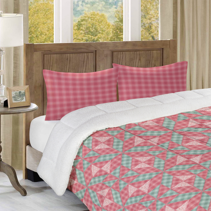 Luxury Flannel & Sherpa Comforter Set | Patchwork Star - Pink Plaid