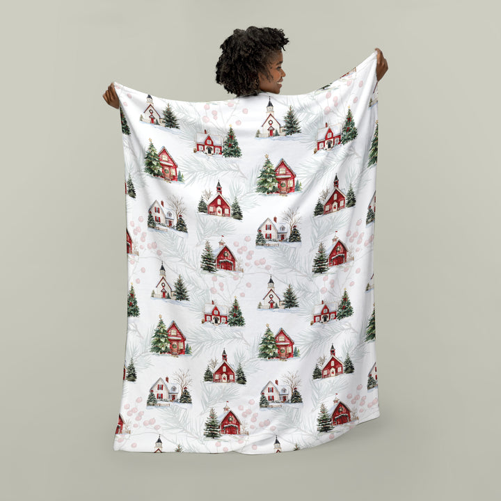 Velveteen Plush Blanket / New England Christmas / Houses