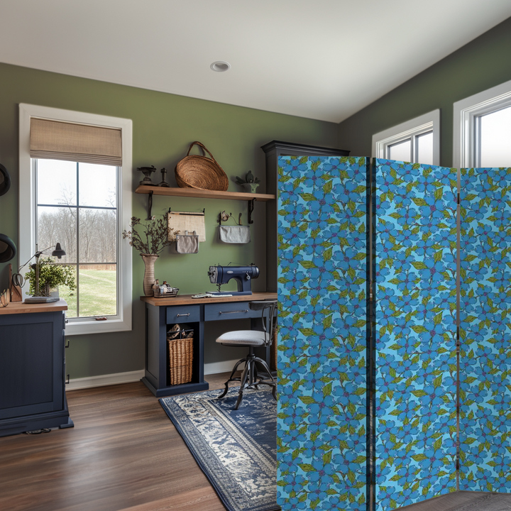 4 Panel Room Divider Folding Screen / North Carolina Dogwood - Blue