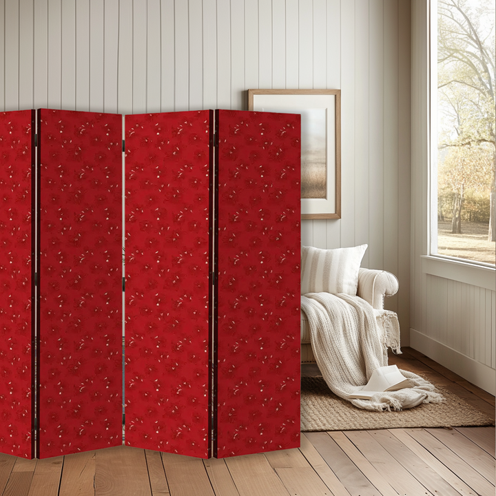 4 Panel Room Divider Folding Screen / Dogwood Blossoms - Red