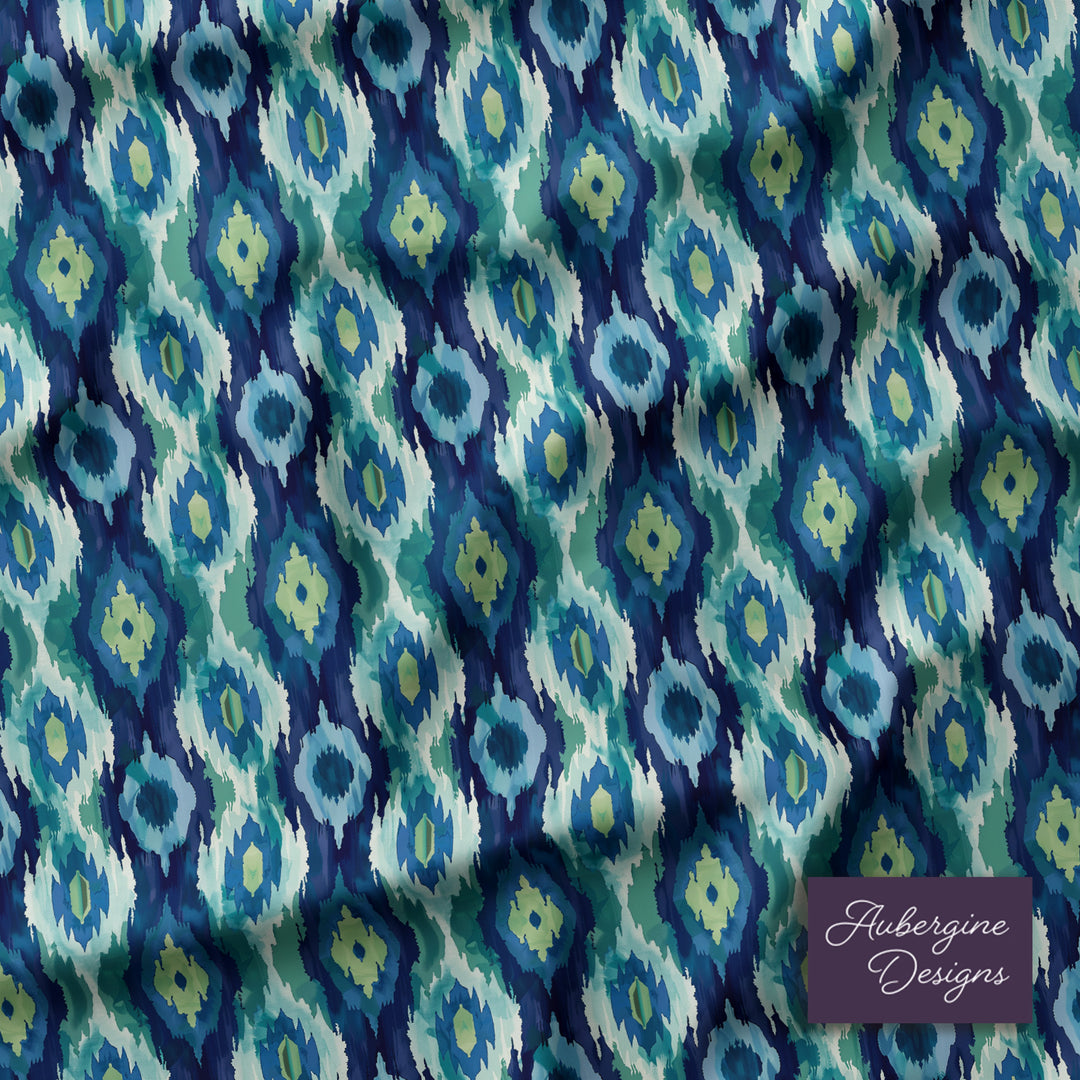 3 Panel Sound-Absorbing Room Divider / Ikat Fusion - Emerald Green and Sapphire Blues