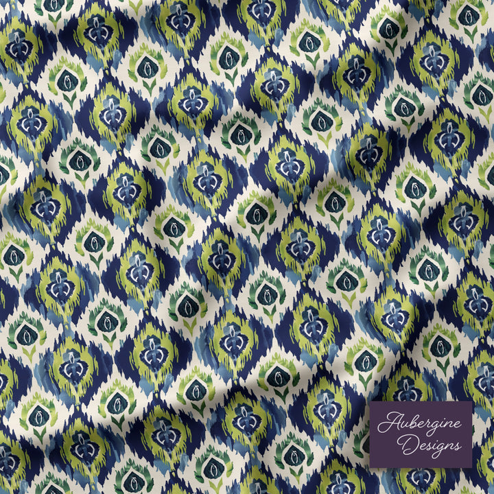 3 Panel Sound-Absorbing Room Divider / Ikat Fusion - Navy Blue and Peridot Greens